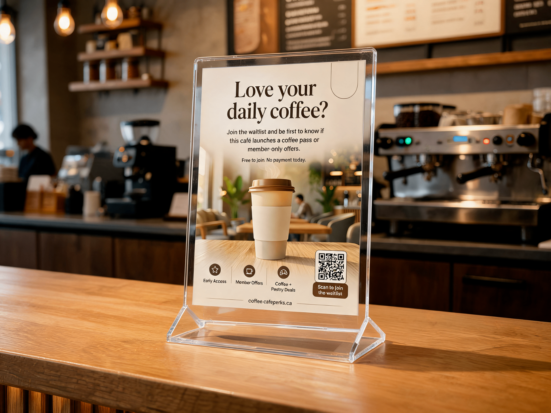 A CafePerks Coffee Pass Waitlist flyer in an acrylic sign holder on a café countertop, with espresso machines and a barista in the background.